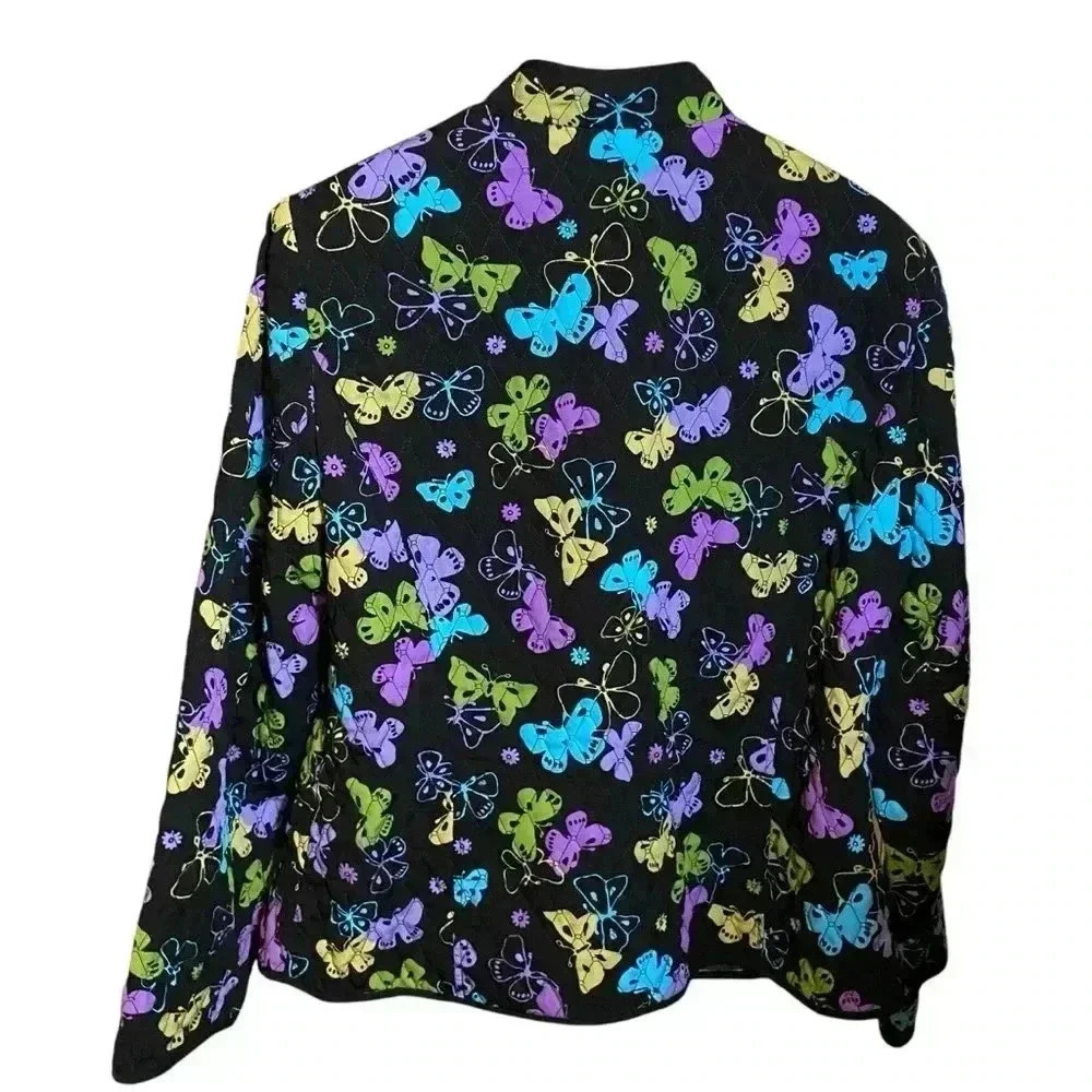 VGT Y2K REQUIREMENTS Women's Black Quilted Embroidered Butterfly Jacket Coat XL - Picture 4 of 14